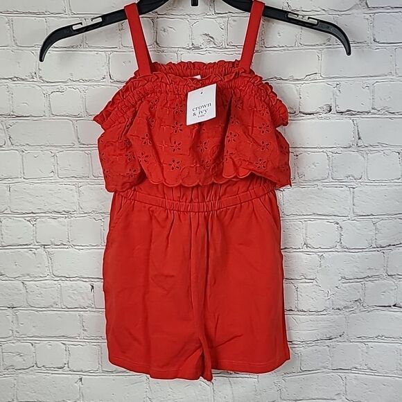 Crown & Ivy Girls Size 5 Red Eyelet Lace Ruffled Knit Romper NWT Summer Clothes - Picture 8 of 8
